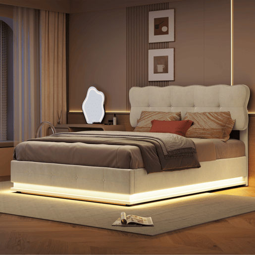 Cama de casal, 140x200 cm, LED, com espaço de arrumação, cor Beige, material em veludo