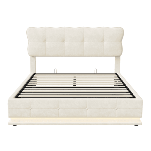 Cama de casal, 140x200 cm, LED, com espaço de arrumação, cor Beige, material em veludo
