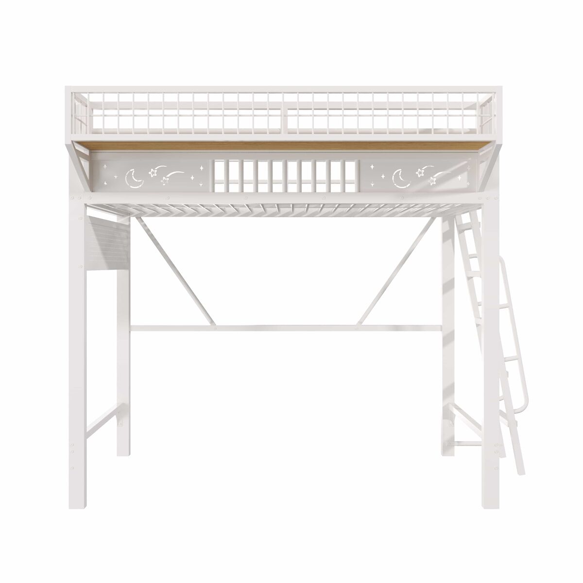 cama alta 90 x 200 cm  estructura metalica compartimentos y espacio inferior abierto sin colchon  blanco
