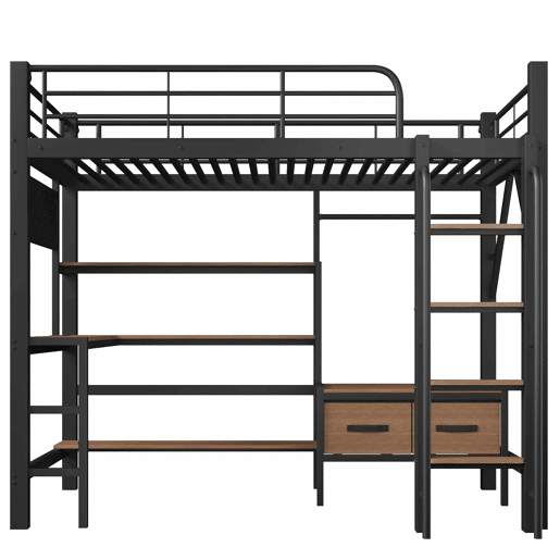 Cama alta 90 x 200 cm u2013 secretária, prateleiras, gavetas, USB e LED, sem colchão u2013 preta Cama alta 90 x 200 cm u2013 secretária, prateleiras, gavetas, USB e LED, sem colchão u2013 preta