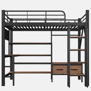 Cama alta 90 x 200 cm u2013 secretária, prateleiras, gavetas, USB e LED, sem colchão u2013 preta