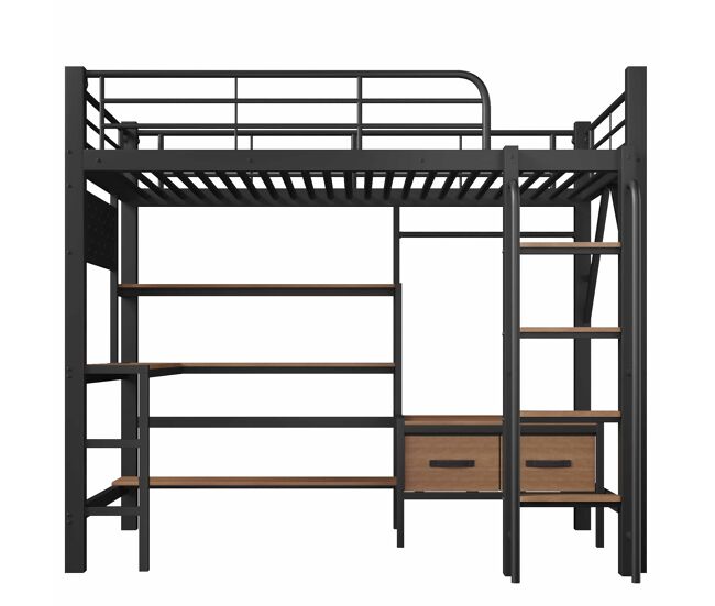 Cama alta 90 x 200 cm - escritorio, estantes, cajones, usb y led, sin colchón - negro