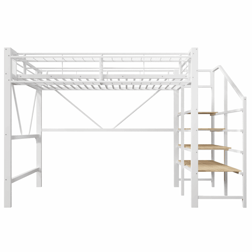 Cama alta 140 x 200 cm u2013 escada com prateleiras, cesto, arrumação aberta e LED, sem colchão u2013 branco Cama alta 140 x 200 cm u2013 escada com prateleiras, cesto, arrumação aberta e LED, sem colchão u2013 branco