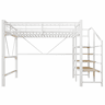 Cama alta 140 x 200 cm u2013 escada com prateleiras, cesto, arrumação aberta e LED, sem colchão u2013 branco