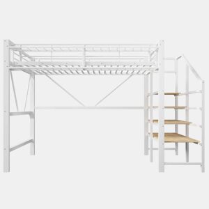 Cama alta 140 x 200 cm u2013 escada com prateleiras, cesto, arrumação aberta e LED, sem colchão u2013 branco