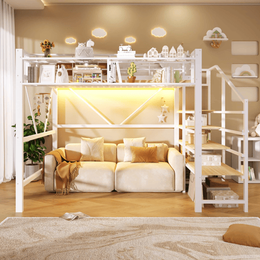 Cama alta 140 x 200 cm u2013 escada com prateleiras, cesto, arrumação aberta e LED, sem colchão u2013 branco Cama alta 140 x 200 cm u2013 escada com prateleiras, cesto, arrumação aberta e LED, sem colchão u2013 branco