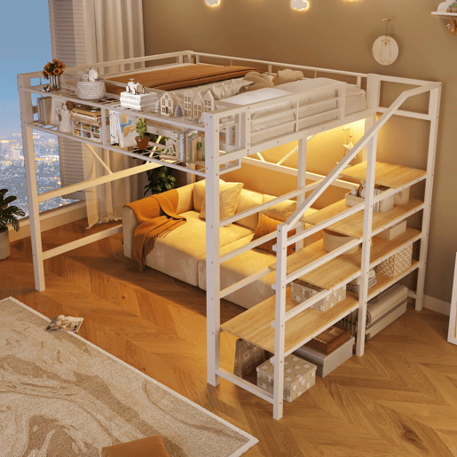 Cama alta 140 x 200 cm u2013 escada com prateleiras, cesto, arrumação aberta e LED, sem colchão u2013 branco Cama alta 140 x 200 cm u2013 escada com prateleiras, cesto, arrumação aberta e LED, sem colchão u2013 branco