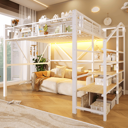 Cama alta 140 x 200 cm u2013 escada com prateleiras, cesto, arrumação aberta e LED, sem colchão u2013 branco Cama alta 140 x 200 cm u2013 escada com prateleiras, cesto, arrumação aberta e LED, sem colchão u2013 branco