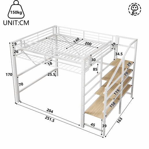 Cama alta 140 x 200 cm u2013 escada com prateleiras, cesto, arrumação aberta e LED, sem colchão u2013 branco Cama alta 140 x 200 cm u2013 escada com prateleiras, cesto, arrumação aberta e LED, sem colchão u2013 branco