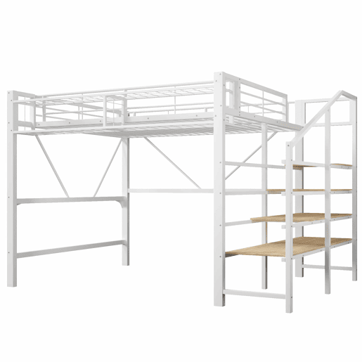 Cama alta 140 x 200 cm u2013 escada com prateleiras, cesto, arrumação aberta e LED, sem colchão u2013 branco Cama alta 140 x 200 cm u2013 escada com prateleiras, cesto, arrumação aberta e LED, sem colchão u2013 branco