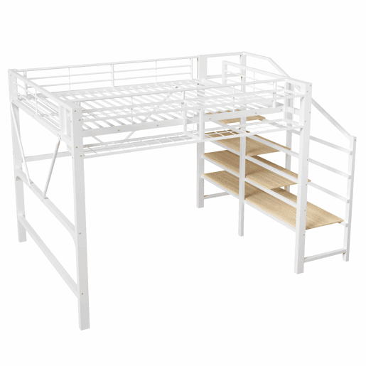 Cama alta 140 x 200 cm u2013 escada com prateleiras, cesto, arrumação aberta e LED, sem colchão u2013 branco Cama alta 140 x 200 cm u2013 escada com prateleiras, cesto, arrumação aberta e LED, sem colchão u2013 branco