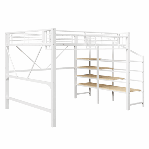 Cama alta 140 x 200 cm u2013 escada com prateleiras, cesto, arrumação aberta e LED, sem colchão u2013 branco Cama alta 140 x 200 cm u2013 escada com prateleiras, cesto, arrumação aberta e LED, sem colchão u2013 branco
