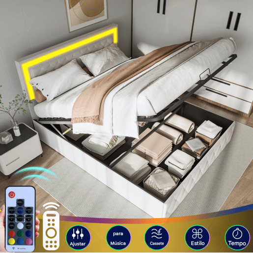 Cama de casal, 160x200 cm, LED, adequada para quartos e salas, cor Beige. Veludo, sistema de elevação a gás (hidráulico). Cama de casal, 160x200 cm, LED, adequada para quartos e salas, cor Beige. Veludo, sistema de elevação a gás (hidráulico).