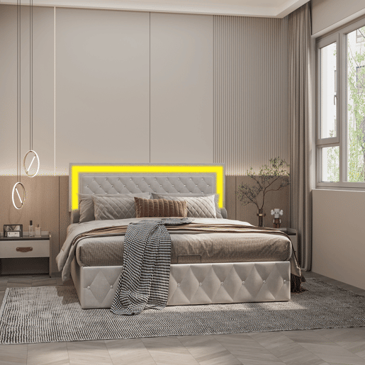Cama de casal, 160x200 cm, LED, adequada para quartos e salas, cor Beige. Veludo, sistema de elevação a gás (hidráulico). Cama de casal, 160x200 cm, LED, adequada para quartos e salas, cor Beige. Veludo, sistema de elevação a gás (hidráulico).