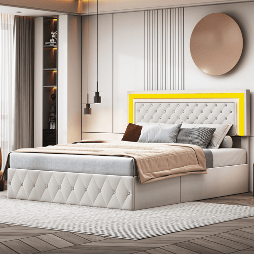 Cama de casal, 160x200 cm, LED, adequada para quartos e salas, cor Beige. Veludo, sistema de elevação a gás (hidráulico). Cama de casal, 160x200 cm, LED, adequada para quartos e salas, cor Beige. Veludo, sistema de elevação a gás (hidráulico).