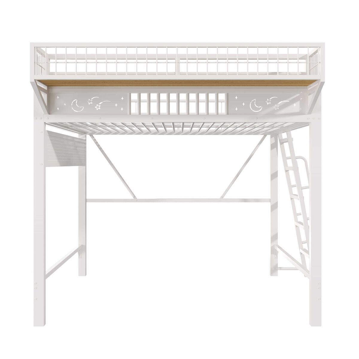 Cama alta 140 x 200 cm - estructura metálica, compartimentos y espacio inferior abierto, sin colchón - blanco