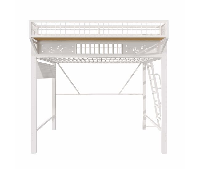 Cama alta 140 x 200 cm - estructura metálica, compartimentos y espacio inferior abierto, sin colchón - blanco