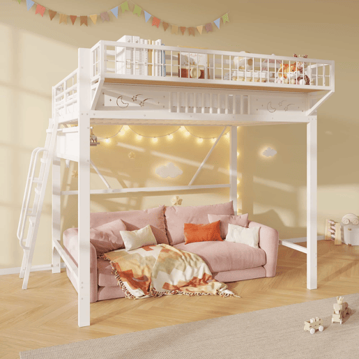 Cama alta 140 x 200 cm - estrutura metálica, compartimentos e espaço inferior aberto, sem colchão - branco Cama alta 140 x 200 cm - estrutura metálica, compartimentos e espaço inferior aberto, sem colchão - branco