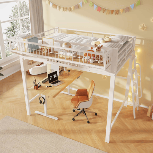 Cama alta 140 x 200 cm - estrutura metálica, compartimentos e espaço inferior aberto, sem colchão - branco Cama alta 140 x 200 cm - estrutura metálica, compartimentos e espaço inferior aberto, sem colchão - branco