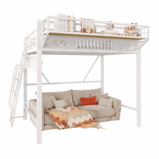 Cama alta 140 x 200 cm - estrutura metálica, compartimentos e espaço inferior aberto, sem colchão - branco Cama alta 140 x 200 cm - estrutura metálica, compartimentos e espaço inferior aberto, sem colchão - branco
