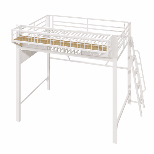 Cama alta 140 x 200 cm - estrutura metálica, compartimentos e espaço inferior aberto, sem colchão - branco Cama alta 140 x 200 cm - estrutura metálica, compartimentos e espaço inferior aberto, sem colchão - branco
