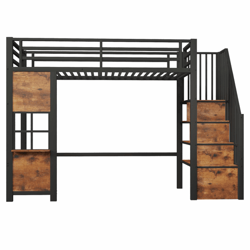 Cama alta 90 x 200 cm - estrutura em ferro, escada com prateleiras, arrumação aberta e grade de proteção, sem colchão - preta Cama alta 90 x 200 cm - estrutura em ferro, escada com prateleiras, arrumação aberta e grade de proteção, sem colchão - preta