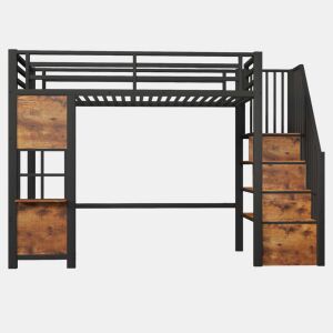 Cama alta 90 x 200 cm - estrutura em ferro, escada com prateleiras, arrumação aberta e grade de proteção, sem colchão - preta