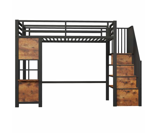 Cama alta 90 x 200 cm - estructura de hierro, escalera con estantes, almacenaje abierto y barandilla, sin colchón - negro