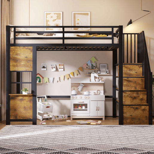 Cama alta 90 x 200 cm - estrutura em ferro, escada com prateleiras, arrumação aberta e grade de proteção, sem colchão - preta Cama alta 90 x 200 cm - estrutura em ferro, escada com prateleiras, arrumação aberta e grade de proteção, sem colchão - preta