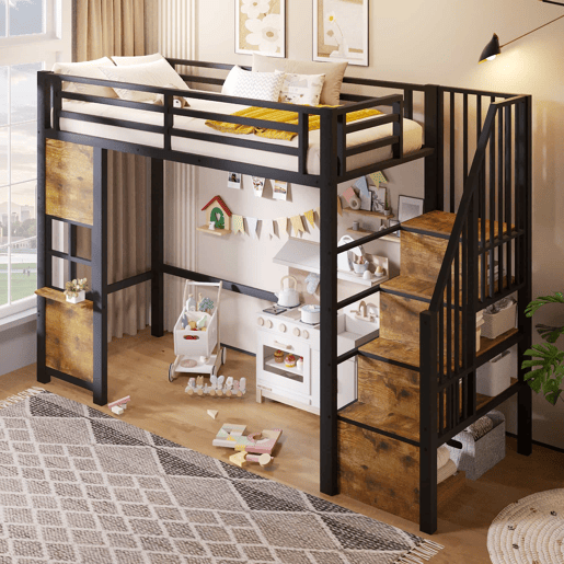 Cama alta 90 x 200 cm - estrutura em ferro, escada com prateleiras, arrumação aberta e grade de proteção, sem colchão - preta Cama alta 90 x 200 cm - estrutura em ferro, escada com prateleiras, arrumação aberta e grade de proteção, sem colchão - preta