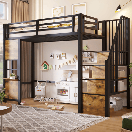 Cama alta 90 x 200 cm - estrutura em ferro, escada com prateleiras, arrumação aberta e grade de proteção, sem colchão - preta Cama alta 90 x 200 cm - estrutura em ferro, escada com prateleiras, arrumação aberta e grade de proteção, sem colchão - preta