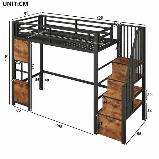 Cama alta 90 x 200 cm - estrutura em ferro, escada com prateleiras, arrumação aberta e grade de proteção, sem colchão - preta Cama alta 90 x 200 cm - estrutura em ferro, escada com prateleiras, arrumação aberta e grade de proteção, sem colchão - preta