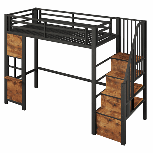 Cama alta 90 x 200 cm - estrutura em ferro, escada com prateleiras, arrumação aberta e grade de proteção, sem colchão - preta Cama alta 90 x 200 cm - estrutura em ferro, escada com prateleiras, arrumação aberta e grade de proteção, sem colchão - preta