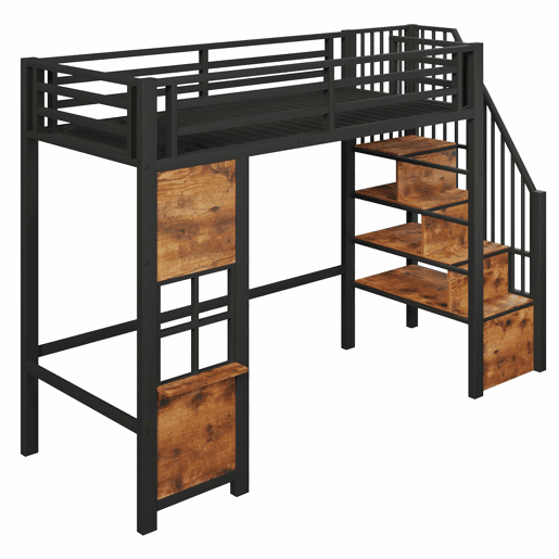 Cama alta 90 x 200 cm - estrutura em ferro, escada com prateleiras, arrumação aberta e grade de proteção, sem colchão - preta Cama alta 90 x 200 cm - estrutura em ferro, escada com prateleiras, arrumação aberta e grade de proteção, sem colchão - preta
