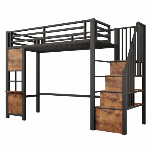Cama alta 90 x 200 cm - estrutura em ferro, escada com prateleiras, arrumação aberta e grade de proteção, sem colchão - preta Cama alta 90 x 200 cm - estrutura em ferro, escada com prateleiras, arrumação aberta e grade de proteção, sem colchão - preta
