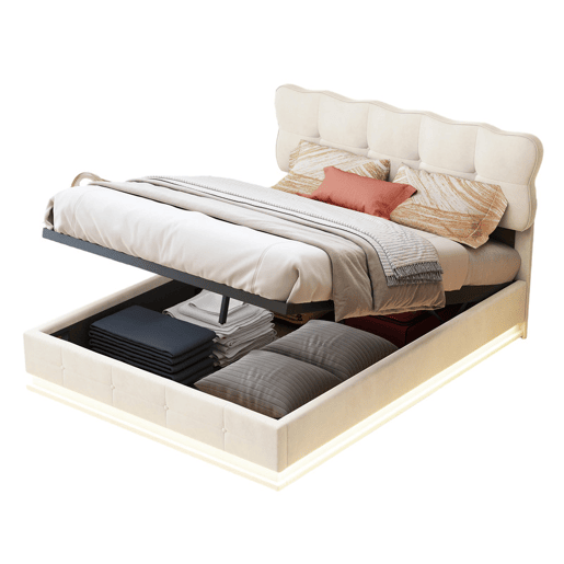Cama de casal, 160x200 cm, LED, com espaço de arrumação, cor Beige, material em veludo