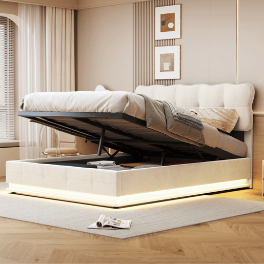 Cama de casal, 160x200 cm, LED, com espaço de arrumação, cor Beige, material em veludo