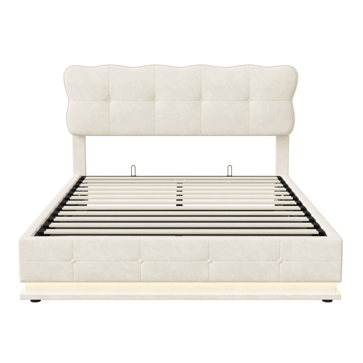 Cama de casal, 160x200 cm, LED, com espaço de arrumação, cor Beige, material em veludo