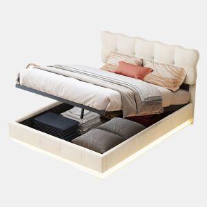 Cama de casal, 140x190 cm, LED, com espaço de arrumação, cor Beige, material em veludo