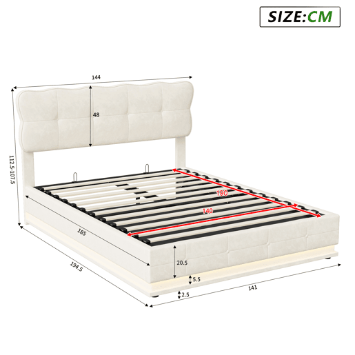 Cama de casal, 140x190 cm, LED, com espaço de arrumação, cor Beige, material em veludo Cama de casal, 140x190 cm, LED, com espaço de arrumação, cor Beige, material em veludo