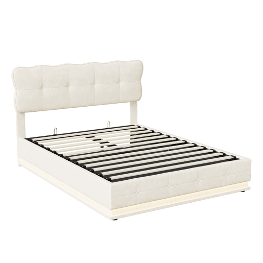 Cama de casal, 140x190 cm, LED, com espaço de arrumação, cor Beige, material em veludo Cama de casal, 140x190 cm, LED, com espaço de arrumação, cor Beige, material em veludo
