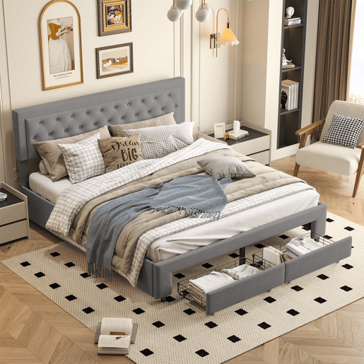 Cama de casal (160 x 200 cm), cama com baú, acabamento em veludo, com gavetas. Cinza. Cama de casal (160 x 200 cm), cama com baú, acabamento em veludo, com gavetas. Cinza.