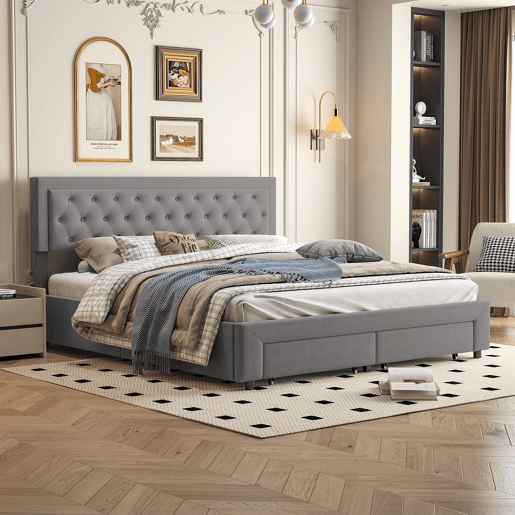 Cama de casal (160 x 200 cm), cama com baú, acabamento em veludo, com gavetas. Cinza. Cama de casal (160 x 200 cm), cama com baú, acabamento em veludo, com gavetas. Cinza.