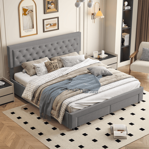 Cama de casal (160 x 200 cm), cama com baú, acabamento em veludo, com gavetas. Cinza. Cama de casal (160 x 200 cm), cama com baú, acabamento em veludo, com gavetas. Cinza.
