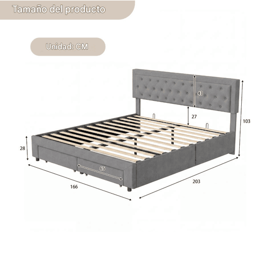 Cama de casal (160 x 200 cm), cama com baú, acabamento em veludo, com gavetas. Cinza. Cama de casal (160 x 200 cm), cama com baú, acabamento em veludo, com gavetas. Cinza.