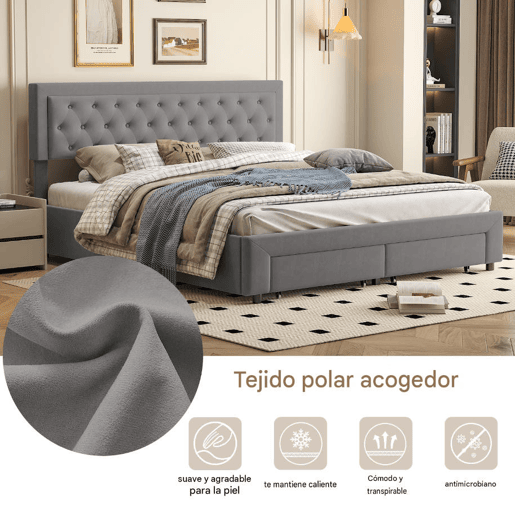 Cama de casal (160 x 200 cm), cama com baú, acabamento em veludo, com gavetas. Cinza. Cama de casal (160 x 200 cm), cama com baú, acabamento em veludo, com gavetas. Cinza.