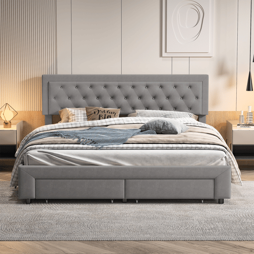 Cama de casal (160 x 200 cm), cama com baú, acabamento em veludo, com gavetas. Cinza. Cama de casal (160 x 200 cm), cama com baú, acabamento em veludo, com gavetas. Cinza.
