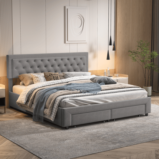 Cama de casal (160 x 200 cm), cama com baú, acabamento em veludo, com gavetas. Cinza. Cama de casal (160 x 200 cm), cama com baú, acabamento em veludo, com gavetas. Cinza.