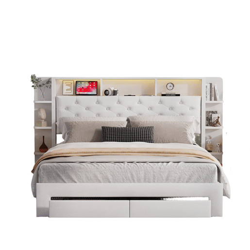 Cama de casal, 160x200 cm, LED, USB, cama para quarto. Cama com espaço de arrumação, branca, veludo