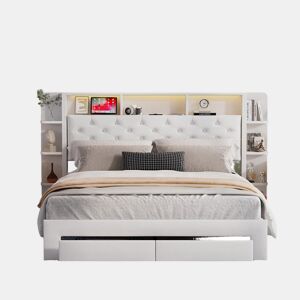Cama de casal, 160x200 cm, LED, USB, cama para quarto. Cama com espaço de arrumação, branca, veludo